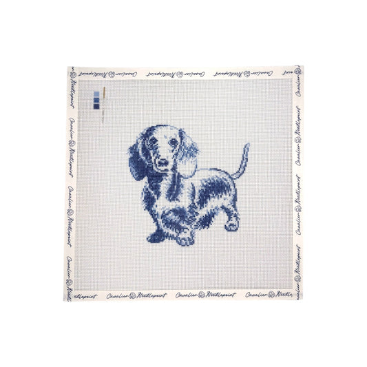 Vintage Blue Toile Long-Haired Dachshund